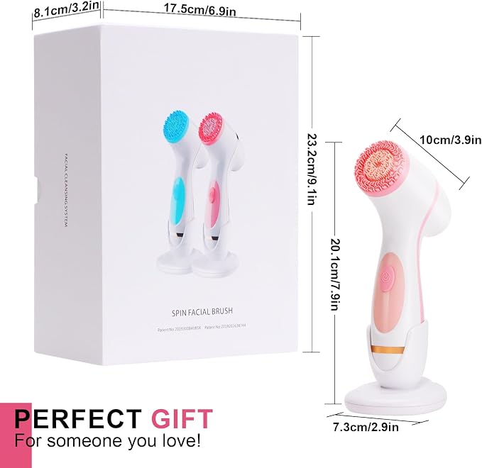 Facial Cleansing Brush, Waterproof Dual-Rotation Face Scrubber Exfoliator with 3 Brush Heads and 2 Adjustable Speeds, Rechargeable Exfoliating Face Brushes for Cleansing and Skin Care (Pink)