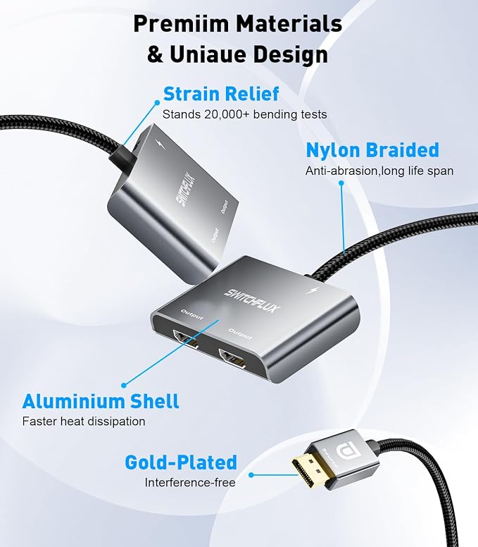 DisplayPort to Dual HDMI Adapter [4K@60Hz] DP to HDMI Splitter 1 in 2 Out Extended Display, DP Male Source Converter for Dual Monitors Compatible with PC,Graphic Card and More
