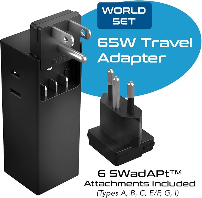 Ceptics 65W GaN World Travel Adapter w/ 2 US Outlets and 1 USB-A and 2 USB-C (QC 3.0), Compact Fast Charger for Laptops and Cell phones, Use in more than 150 countries with 6 SWadAPt Attachments