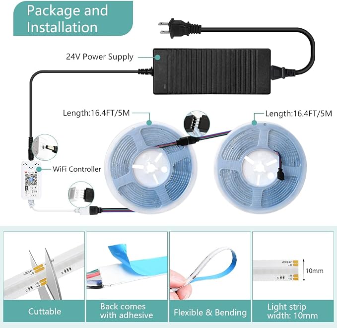 RGB COB Led Strip Light 32.FT/10M(2 Rolls of 16.4FT/5M), COB Led Strip 10mm Width/5760 LEDs, 24V Color Changing Led Strip Lights with Remote, Flexible Led Tape Light for TV Led Backlights