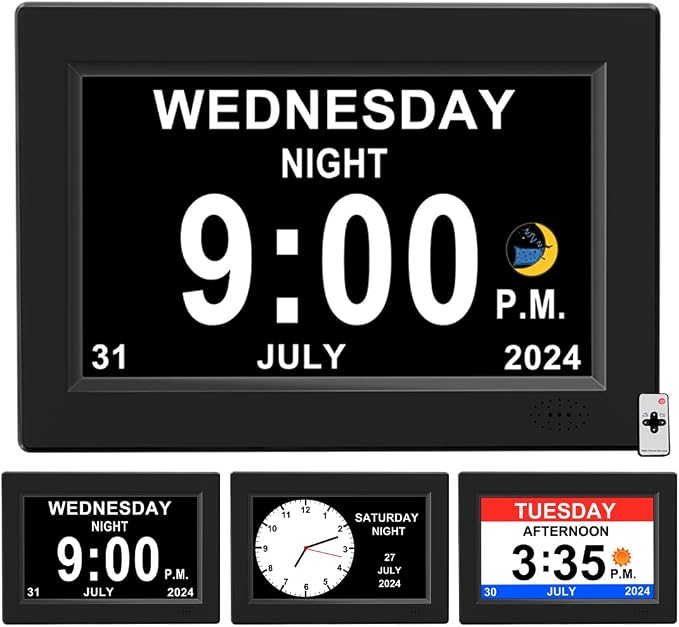 CAZOKASI 8inch Extra Large Impaired Vision Digital Alarm Clock with Day and Time for Elderly Calendar Clock No Battery Plug-in Power Outage Memory DST Auto Dimmable Clock