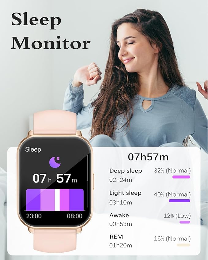 RUIMEN Smart Watches for Women Men (Answer/Make Calls, 2 Bands Included), 1.8" Smartwatch for iOS/Android Phones, Fitness Tracker Heart Rate/Sleep Monitor Digital Watch Waterproof (Pink)