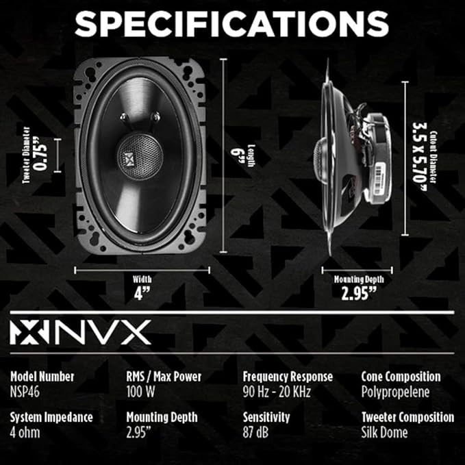 NVX NSP46 300W Peak (100W RMS) 4x6 2-Way N-Series Coaxial Car Speakers with 20mm Silk Dome Tweeters