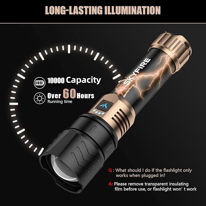 SKYFIRE Rechargeable Flashlights High Lumens,10000 Super Bright Flashlight Zoomable 4Modes Waterproof LED Tactical Flash Light for Camping Essentials,Outdoor and Home Emergencies-No Lens