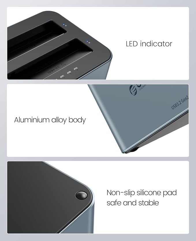 ORICO Hard Drive Docking Station with Offline Clone, Aluminum Alloy Dual Bay USB C to SATA Hard Drive Dock Holder for 2.5 or 3.5 Inch HDD 36TB UASP Support,Gray (6626C3-C)