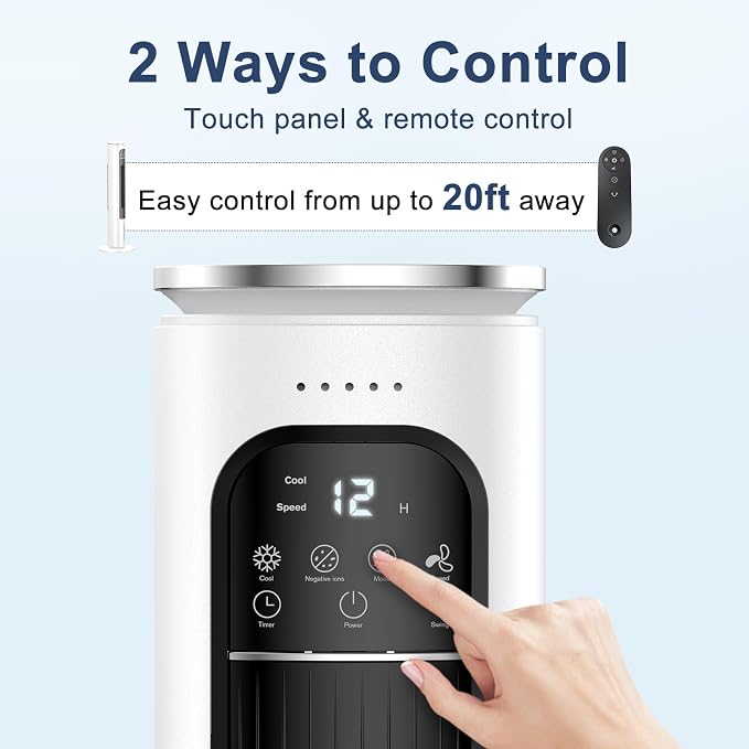Windowless Portable Air Conditioner Ac Unit with Remote,Evaporative Air Cooler,Swamp Cooler for 4 Modes, 12H Timer, Removable Water Tank,Ice Packs,CoolingTower Fan for Bedroom,Outdoor,Indoor White