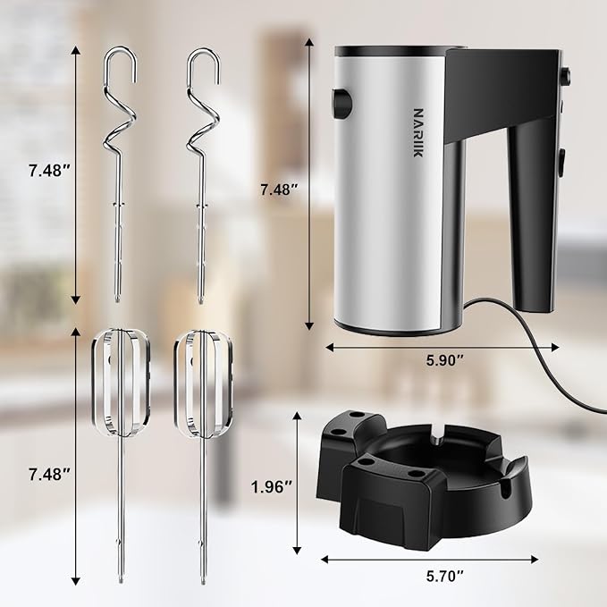 Electric Hand Mixer, Kitchen Handheld Mixer, Turbo Boost/Self-Control Speed + 5 Speed + Eject Button + Stainless Steel Hand Beaters*2 & Dough Hooks*2, Kitchen Mixer for Cream/Cookies/Dough