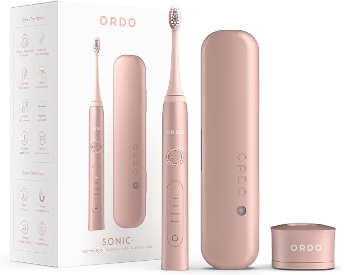 ORDO Sonic+ Electric Toothbrush with Case, Sonic Toothbrushes for Adults, Charging Travel Case, 4 Brushing Modes, Fast Rechargeable Battery, Silicone Polishing, USB Charger, Rose Gold