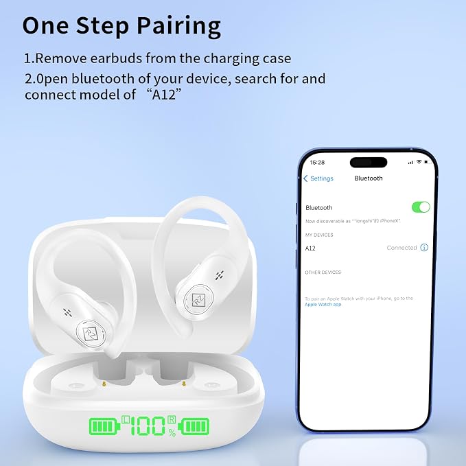 Wireless Earbuds Bluetooth Headphones 96H Playtime LED Display Waterproof Built in Mic Deep Bass Sound Secure Over Ear buds Earhooks for iPhone Android Samsung Cell Phones Sport Workout Gaming Running