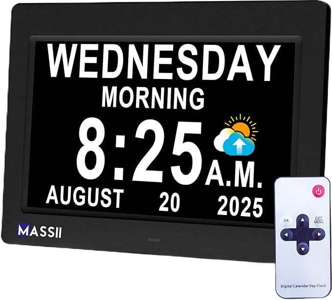 MASSII Dementia Clock with Date Time Voice Announcement, 27 Alarms Custom Reminders, Sleep Trainer, Auto DST, 10 Levels Night Dimmer, Large Talking Digital Calendar Clock for Elderly with 1.5M Adaptor