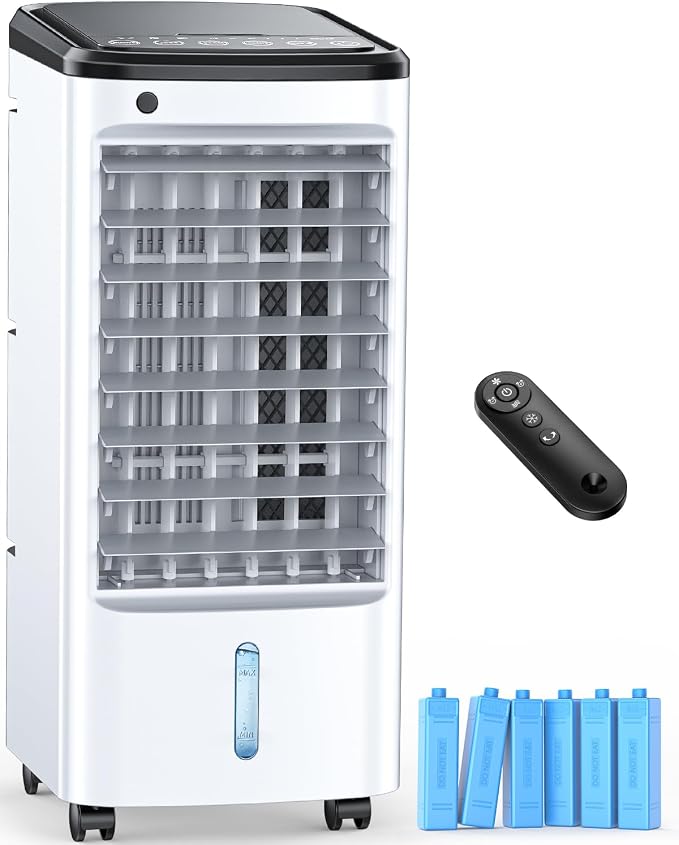 FANCOLE Windowless Portable Air Conditioners with 6 Ice Packs, 12H Smart Timer for Auto-off, 26Ft Remote, Top Fill Dual Tank, 3Speeds Evaporative Air Cooler, 70°Auto Swing Swamp Cooler Air Conditioner