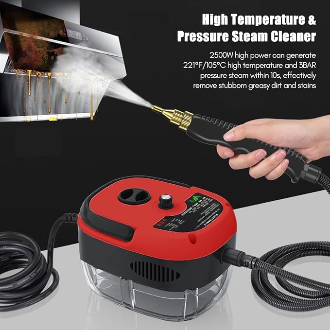 2500W Handheld Steam Cleaner High Temperature Pressurized Steam Cleaning Machine Portable Car Steamer with Brush Heads (Red)
