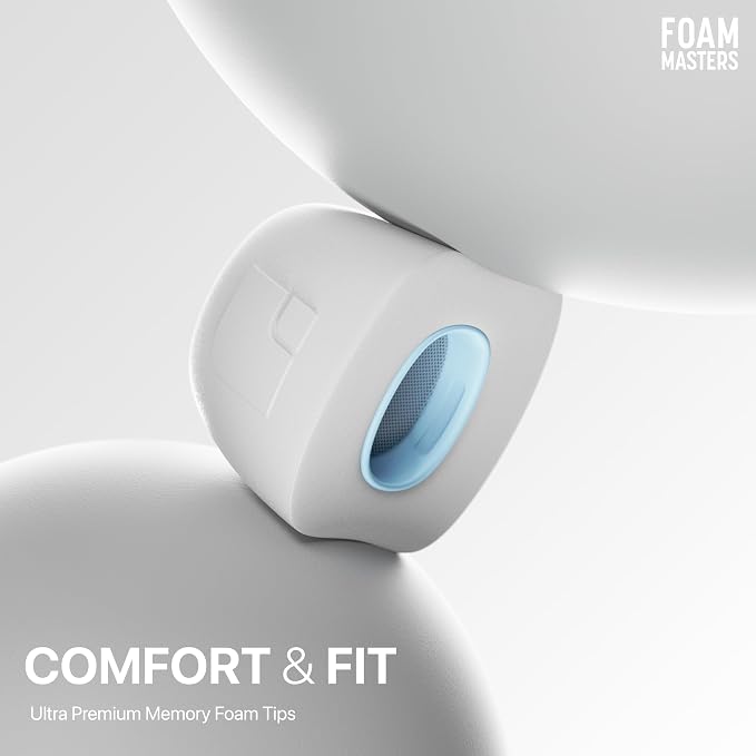 Foam Masters Ultra-Premium Memory Foam Ear Tips for AirPods Pro 1st & 2nd Gen | 3 Pairs | New Ver. | Secure Fit | Super Comfort | Better Noise Cancel | Replacement Buds (Medium, White)