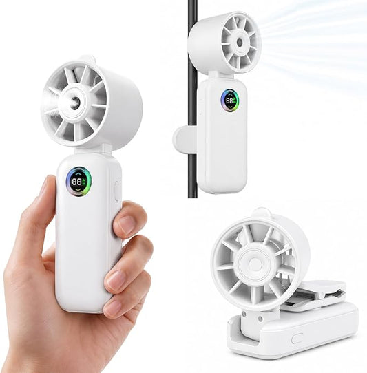 Clip-On Portable Fan with Misting, 4000mAh Up to 12H Battery Life Hand Mini Foldable Fan, 360° Rotating USB Rechargeable Turbo Quiet Stroller Fans for Travel Outdoors and Office Use (White)