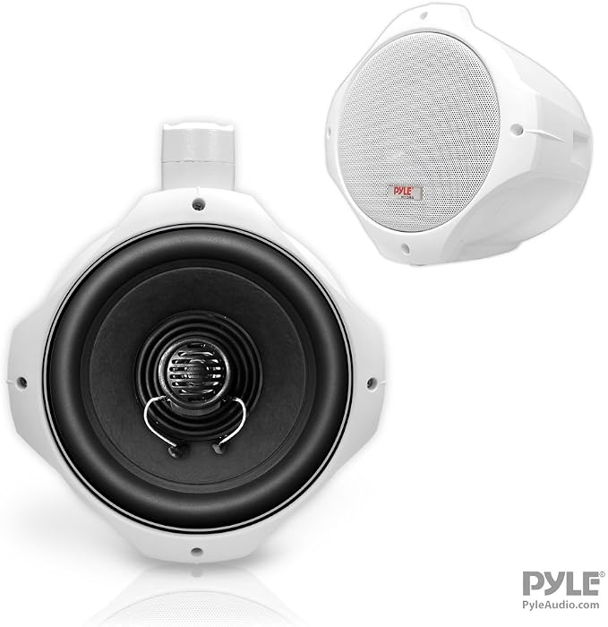 Pyle Waterproof Marine Wakeboard Tower Speakers - 8in Dual Subwoofer Speaker Set and 1” Tweeter with 300 Watt Power - 2-Way Boat Audio Stereo System with Mounting Bracket - 1 Pair PLMRW85 (White)