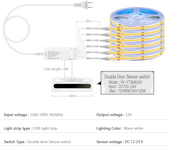 12V COB LED Strip Light,6 -in-1 Door Sensor Control LED Under Cabinet Lighting,3.3Ft 3000K Warm White Shelf Lighting Strip for Wine Cabinets, Shoe Racks, Display Cabinets, Kitchen Cabinets