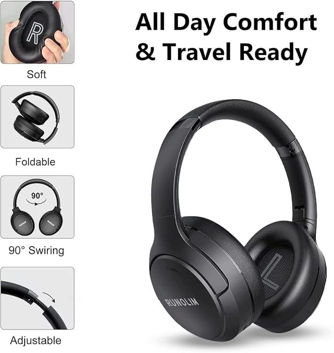 RUNOLIM Hybrid Active Noise Cancelling Headphones, Wireless Over Ear Bluetooth Headphones with Microphone, 100H Playtime, Foldable Headphone with HiFi Audio, Deep Bass for Home Travel Office