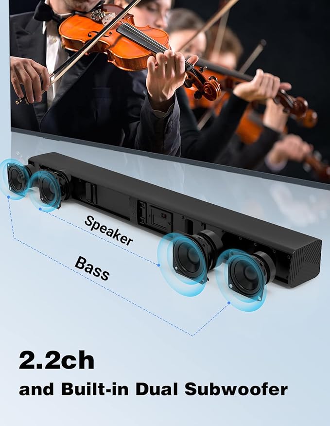Puxinat 2 in 1 Separable Sound Bar for Smart TV, 2.2 Channel 32Inch Bluetooth 5.0 TV Speaker for Surround Sound System, Built-in Dual Subwoofer, Bass Adjustable, Remote Control Included(Sound Bar)