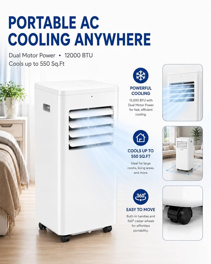 Coolblus Portable Air Conditioners 12000 BTU, 4 in 1 Portable AC Unit with Heat/Cool/Dehumidify/Fan, Wi-Fi Smart Quiet AC Cool Up to 550 Sq.Ft, Window Kit, 24H Timer, White-12000BTU-WIFI-HEAT