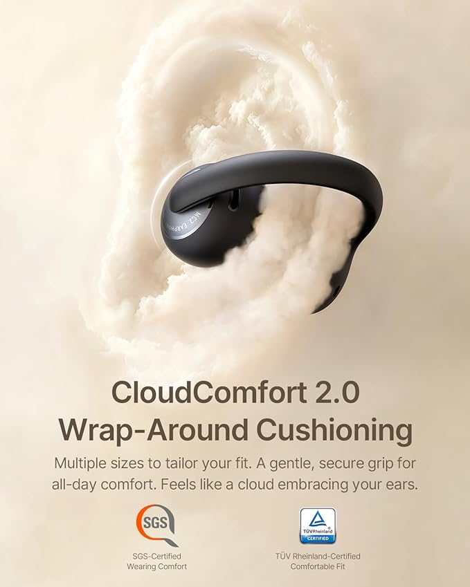 Baseus Bowie MC2 Open Ear Clip On Earbuds, CloudComfort 2.0 Wrap-Around Design, LDAC Hi-Res Audio, Bluetooth 6.0, 55H Playtime, 4-Mic AI Clear Call, IP67 Waterproof for Running Gym Workouts