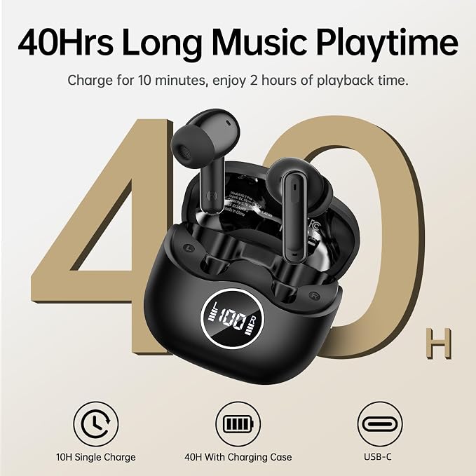 Adaptive Hybrid Active Noise Canceling 2026 Wireless Earbuds, 6 Mics ENC Clear Call Ear Buds, Hi-Res Audio Deep Bass Bluetooth 5.4 Headphones, 40H Playtime, LED, for Sports Running Gym Workout, Black