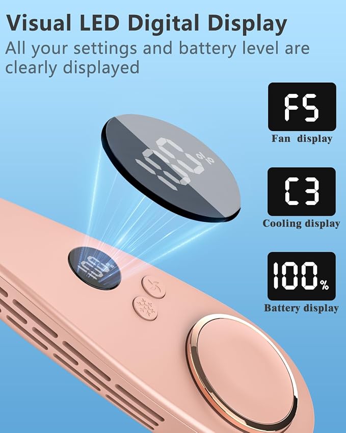 Neck Fan that Blows Cold Air with Cooling Plate, Rechargeable Battery Powered, Portable Silent Mini Neck Air Conditioner, Cordless Leafless Quiet Face Fans for Kid Adults Travel Work Sports, Pink