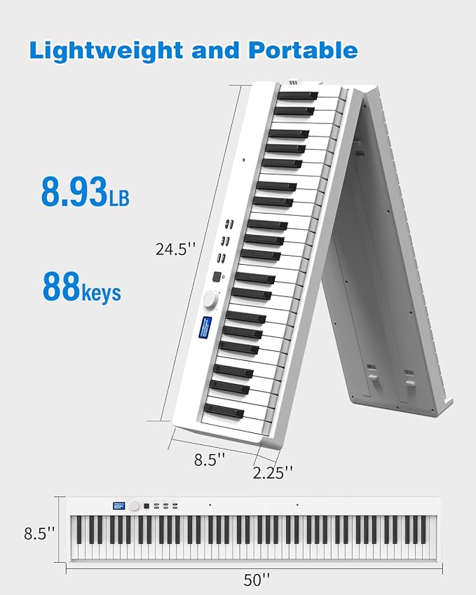 Folding Piano Keyboard 88 Key, Portable Piano Keyboard with Standard Semi Weighted Key, Foldable Piano Support Bluetooth/MIDI with Pedal, Speakers, Ideal for Beginner and Adult