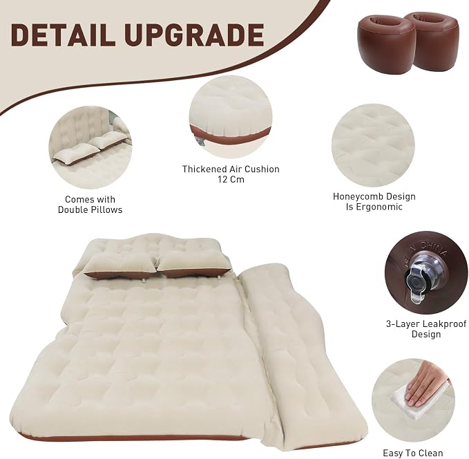 Car Bed SUV Air Mattress, Car Air Mattress with Electric Pump, 2 Inflatable Pillows and 2 Footrests for Back Seat, Side Seat,Trunk Sleeping, Thickened Camping Bed - Brown