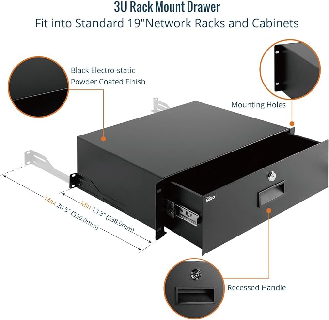 Tecmojo 3U Rack Drawer,Rack Mount Drawer for 19in Network Equipment/Server/AV Rack or Cabinet Enclosure,Sliding and Lockable Server Rack Drawer - Load-Bearing 44lb (20kg),with Cable Management Holes