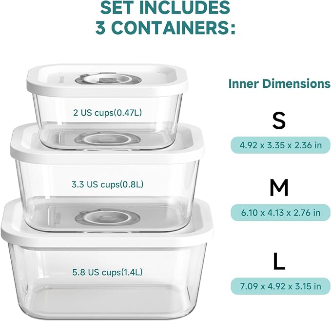 Mehomeli Glass Vacuum Seal Containers for Food Storage, 3pcs set [1x Small, 1x Medium, 1x Large],Works with Handheld Vacuum Sealer for Freezer, Liquid & Delicate Foods,BPA-Free, with Date Tracking Lid