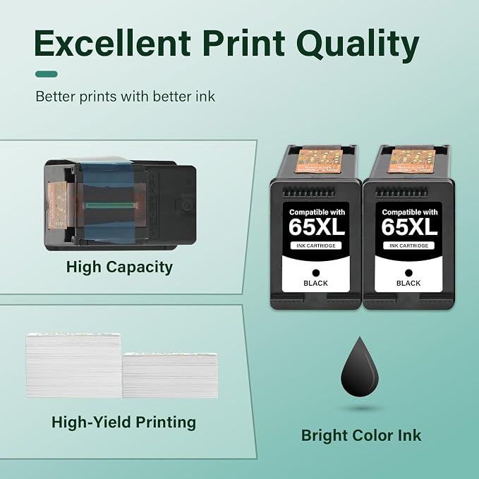 65XL 65 XL 3755 5055 Black Ink Cartridges for HP Printers Replacement for HP65XL for Envy 5055 5052 5000 5070 5014 DeskJet 3755 3772 3700 3752 2600 2622 Printer (2 Pack Black)