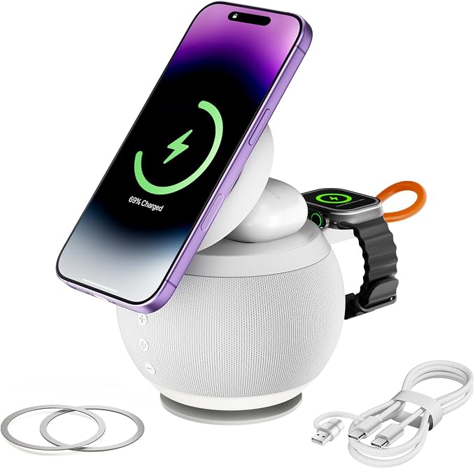 5 in 1 Wireless Charging Station with Bluetooth Speaker and Night Light, Magnetic Fast Charger Stand for iOS Phones, Smartwatch and Wireless Earbuds, Bedside Charging Station, White