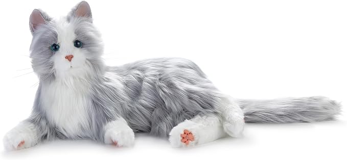 JOY FOR ALL Ageless Innovation Companion Pets | Silver Cat with White Mitts | Lifelike & Realistic | Comfort, Joy & Companionship