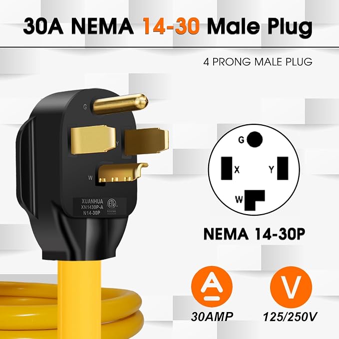 30Amp to 20Amp 110V Adapter, Compatible with NEMA 14-30P to 4X 5-20R/15R with 20 Amp Circuit Breaker, 240V to 120V Dryer Power Distribution Adapter (10 FT)