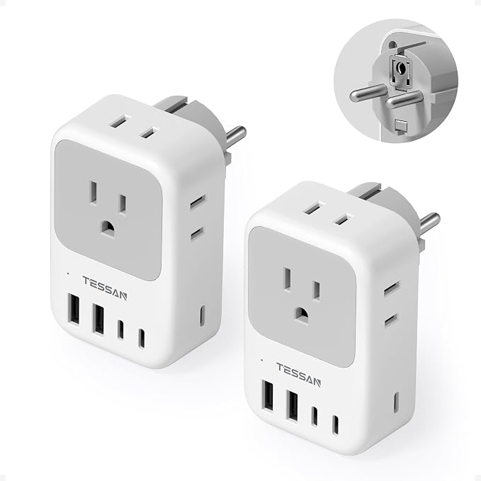 TESSAN Type F Plug Adapter 2 Pack, 28W Germany France Travel Plug Adapter with 4 Outlets 5 USB Ports (3 USB-C), Type E Power Adaptor for US to Europe Spain Iceland Greece South Korea Russia Norway