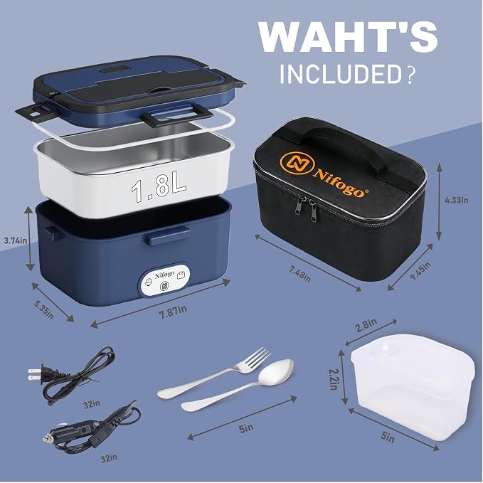 Nifogo Electric Lunch Box for Adults 100W 1.8L, Faster Heated Lunch Box for Men, Portable Electric Lunch Boxes Food Heater 12V/24V/110V for Car/Truck/Work with Bag(Blue)