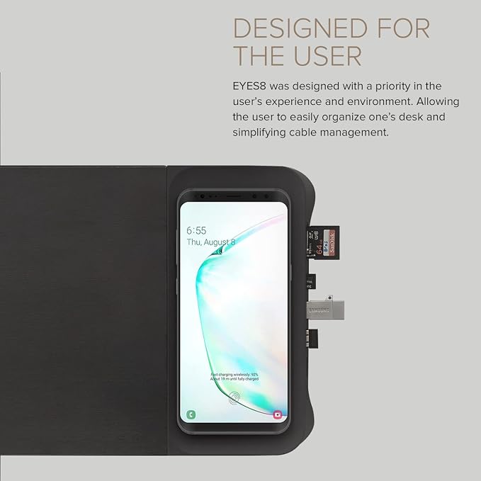 POUT E8 Wood Desk Monitor Computer Stand Riser Shelf + USB HUB + Qi Fast Wireless Charging Charger Pad Mat for Laptop, Apple, iMac, PC, iPhone, Samsung Galaxy, Airpod 2, Buds (Black)
