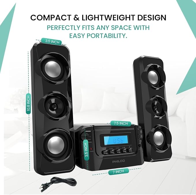 Philco Stereo Shelf Systems Compact CD Shelf System with Digital FM Stereo Radio, Bluetooth Wireless Technology, and Remote Control | LCD Display | MP3 & AUX Port Compatible | USB Playback (Black)