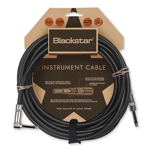 Blackstar 6m (20ft) Instrument Cable Straight ¼” Jack to Angle ¼” Jack for Bass/Electric Guitar/Electro-Acoustic/Keyboard/Amp (BSCABLESTD20FTSA)