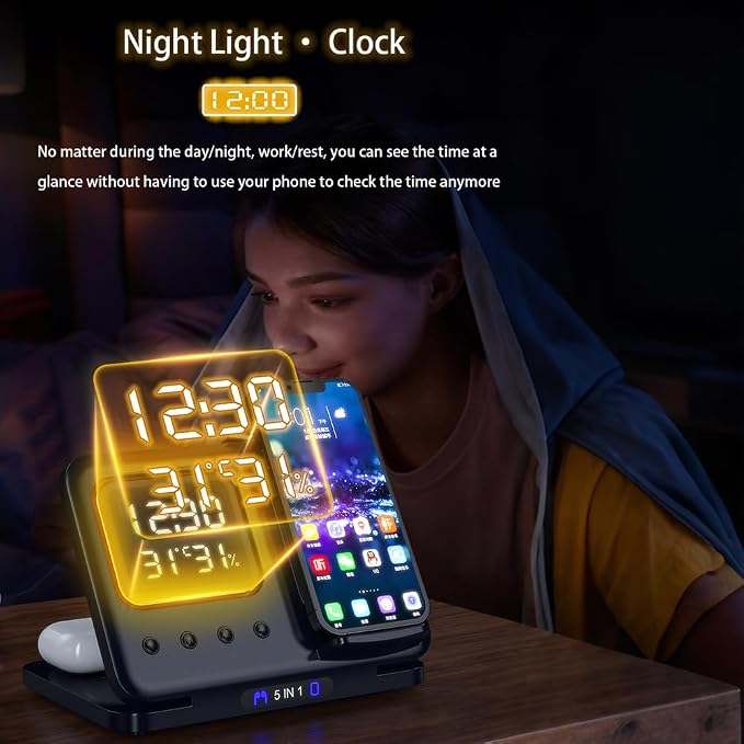 IHAO 5in1 Multi Functional Wireless Charging Station Digital Clock 15W Fast Charging Temperature Display Wireless Charger for All Qi Phone and TWS Headphone Compliant with Apple Watch-D15 White