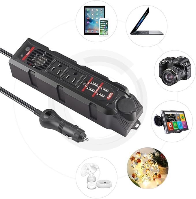 200W Car Power Inverter,DC 12V to 110V AC Vehicle Converter with Type-C Port,Dual AC Outlets and 4 Quick 2.4A USB Ports for Car Cigarette Lighter Adapter