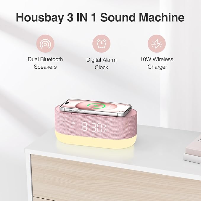 HOUSBAY Sound Machine with Alarm Clock for Bedrooms, Dual Speakers, 21 HiFi Sounds, 10W Wireless Charger, Unlimited Sound, Bluetooth, 10 Night Light, White Noise Machine for Sleeping, Pink