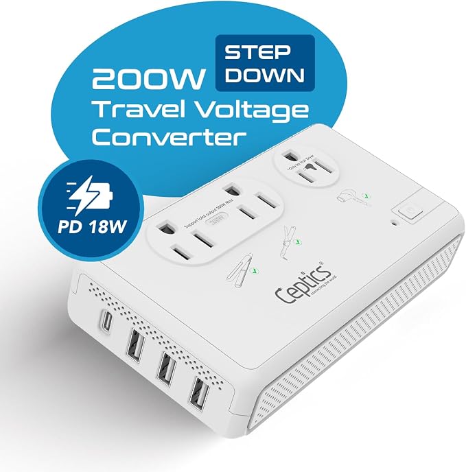 Ceptics 220V to 110V Travel Voltage Converter for Hair Dryer, 2000W & 200W outlets for Dryers, Curling Iron, Straightener, Chargers, Step Down, 4 USB Ports (1x USB-C) with 6 SWadApt attachments