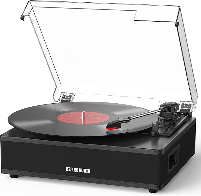 Vinyl Record Player with Built-in Speakers 3-Speed Support 33 1/3, 45, 78RPM Vintage Record Player Bluetooth Input Support RCA Output, Black