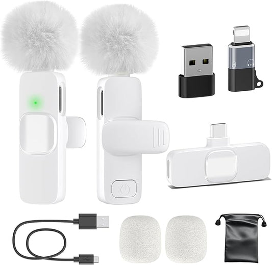 PoP voice USB C Mini Microphone for iPhone 16/15/14/Android, Wireless Lavalier Microphone with Noise Reduction, Lapel Lav Mic for Vlog YouTube TikTok Recording, 12H, 65ft (White)