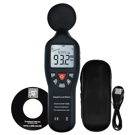 Decibel Meter Sound Level Meter Data Logger with CD Software Audio Decibel Noise Measure Tester 30 – 130 dB Audio Noise Measuring Range with Backlit LCD Display, Data Record Function
