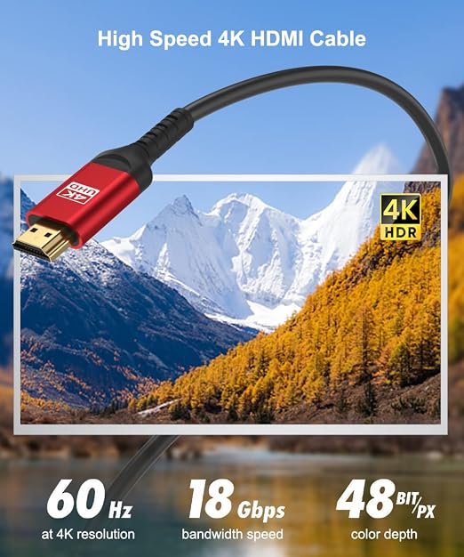 60ft 4K HDMI Cable, CL3 in-Wall Rated High Speed HDMI Cord - Supports 4K UHD @ 30Hz, HDR10, ARC, 3D, HDCP 2.2 - Long Braided HDMI Cable for Projector, Home Theater, Receiver, Laptop to TV