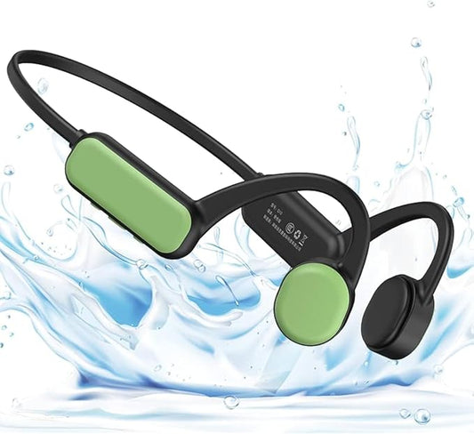 IHAO Swimming Headphones True Bone Conduction Open Ear Headset MP3 Player Built-in 16G Memory IP68 Underwater Waterproof Stereo Bluetooth Earphone for Driving Bicycling Running Skiing-Green