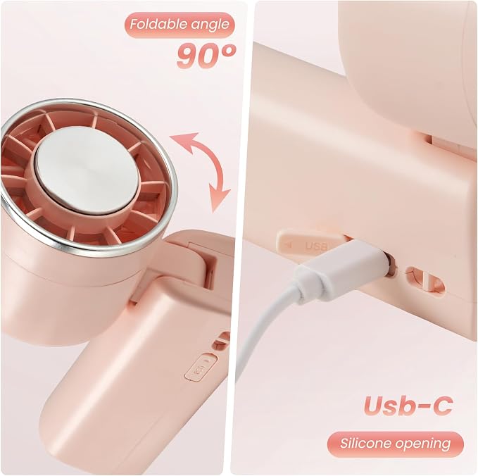 Hand Held Fan - 4 Speeds Adjustable 4800mAh,Foldable,Lightweight Neck-Worn Design,Beach Vacation Essentials,Portable Fan for Travel,Cooling for Camping Outdoor and Indoor - Pink