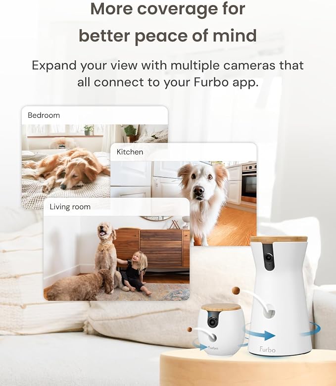 Furbo 360° Dog Camera + Mini 360° Cam [New Subscription Required at Setup] 2-Camera Bundle Nanny Subscription: Dog Safety Alerts, Pet Camera with Speaker, Phone App & Night Vision